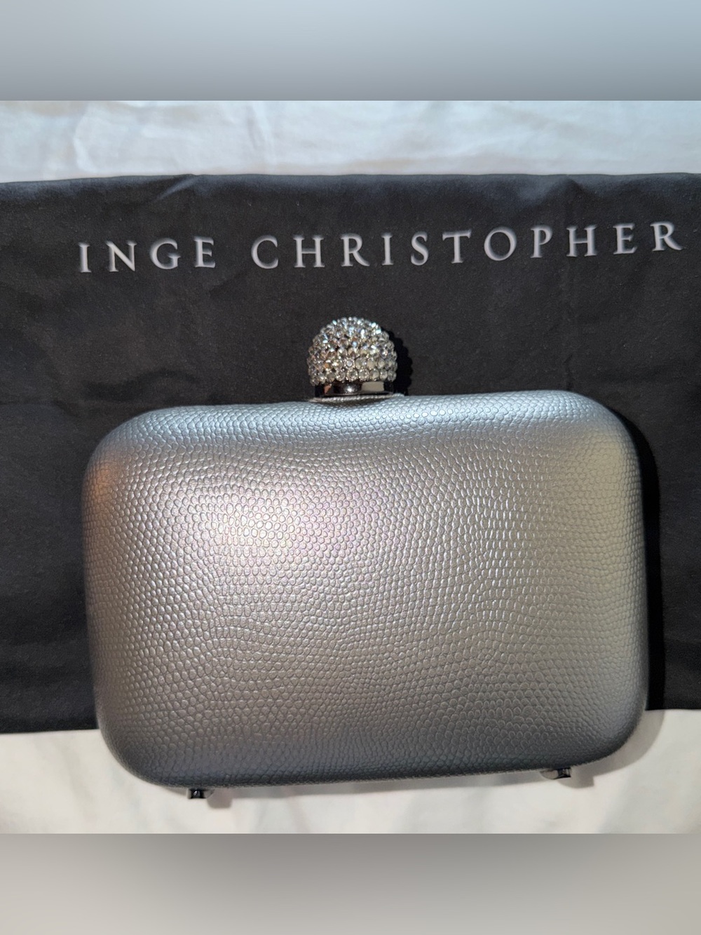 Inge Christopher Silver Pewter Evening Clutch with Swarovski Crystal Knot NWT